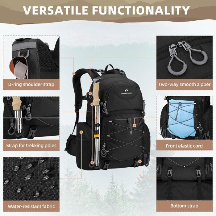 Maelstrom Hiking Backpack, 40L Waterproof Camping Daypack for Men and Women, Lightweight Travel Pack with Rain Cover-Black - Image 3