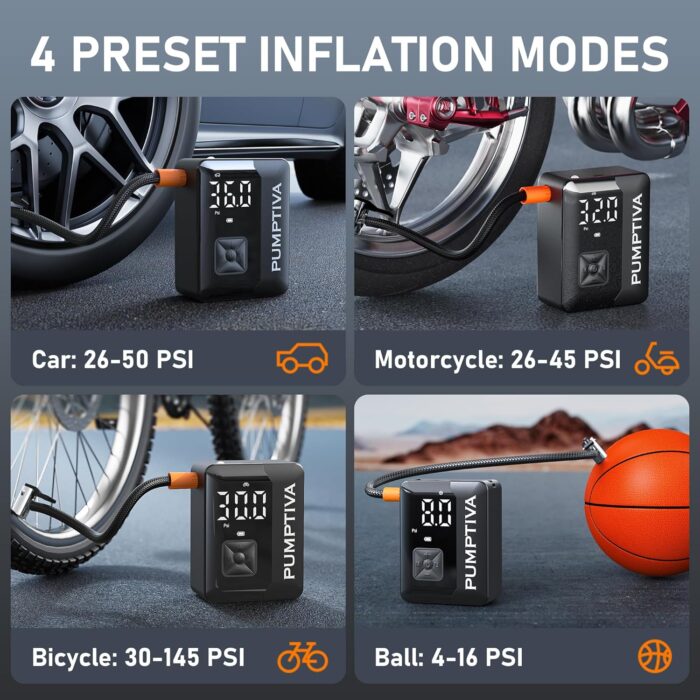 Tire Inflator Portable Air Compressor, 150 PSI Portable Electric Bike Pump Auto Shut-Off Cordless Mini Car Tire Air Pump with Accurate LCD Display LED Light for Car, Motorcycle, Bicycle, Bike, Ball - Image 7