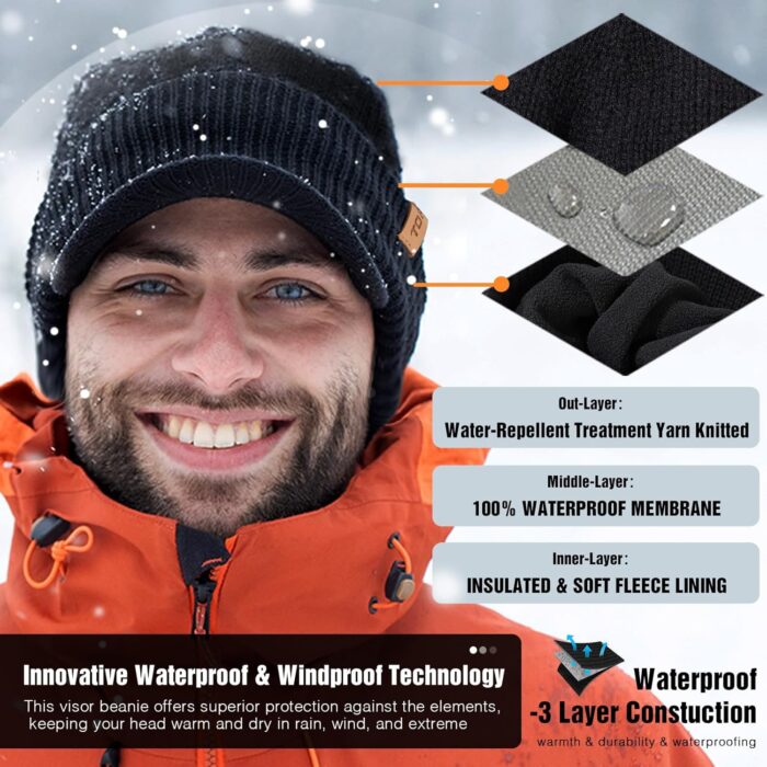 TOP-EX L/XL/XXL Unisex 80% Merino Wool Waterproof Brim Beanie Hats with Ear Flaps Fleece Lined for All Weather - Image 3
