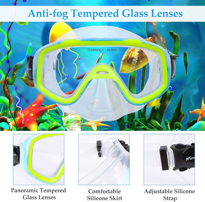 Kids Snorkel Set, Children Anti-Fog Diving Mask Swimming Goggles Dry Top Snorkel Equipment Snorkeling Packages Swimming Gear for Youth Boys Girls Age 5-10 - Image 6