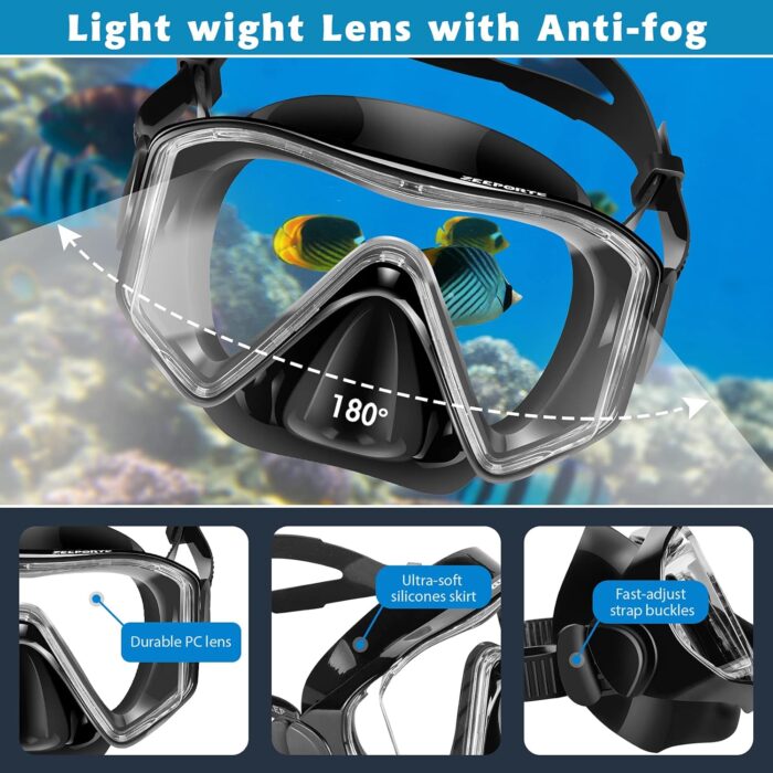 Snorkeling Gear for Adults Kids - Mask Fins Snorkel Set with Panoramic View Snorkel Mask Anti-Fog Anti-Leak, Dry Top Snorkel, Dive Flippers and Gear Bag, Snorkeling Diving Safety Gear - Image 2