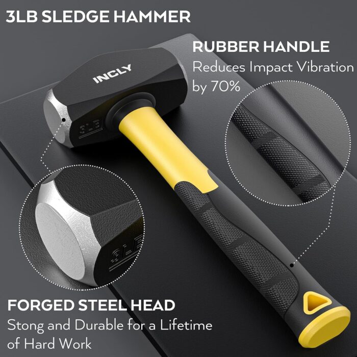 INCLY 7 Pcs Geology Rock Pick Equipment Kit, 3lb Sledge &32 oz Rock Hammer with 2PCS 12" Mason Concrete Chisel.Safety Glasses, Jewelers loupe, Tool Set for Hounding, GoldMining, Stone Breaking - Image 5