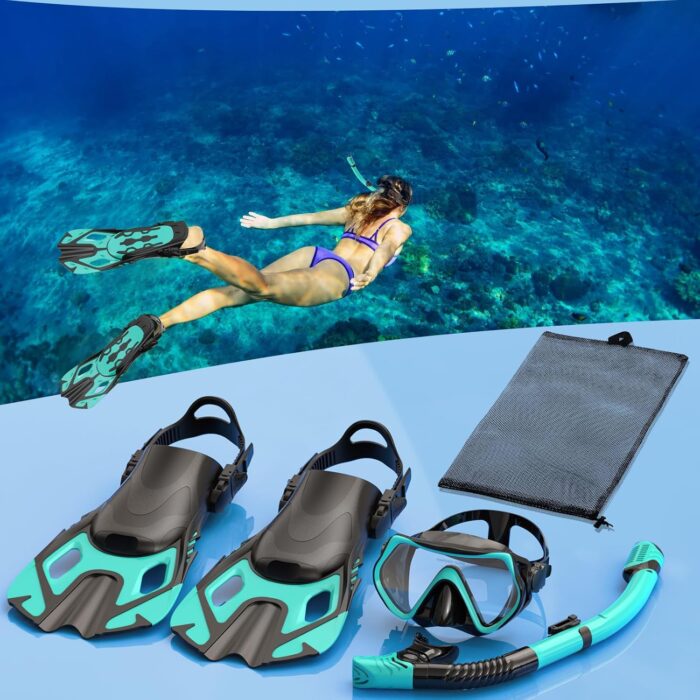 Snorkeling Gear for Adults, Mask Fin Snorkel Set, Dry Top Snorkel, Snorkeling Kit Travel Diving Package, Panoramic View Anti-Fog Anti-Leak Adjustable Swim Fins - Image 6