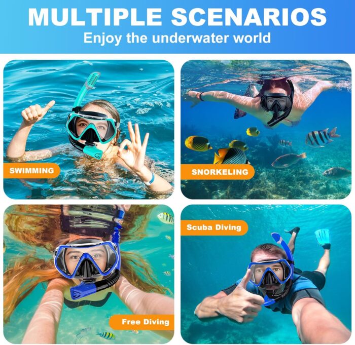 Snorkeling Gear for Adults, Snorkel Mask Adult Dry Top Snorkel Set with Panoramic View Anti-Fog Scuba Diving Mask for Snorkeling Swimming Travel, Snorkeling Kit Diving Packages - Image 6