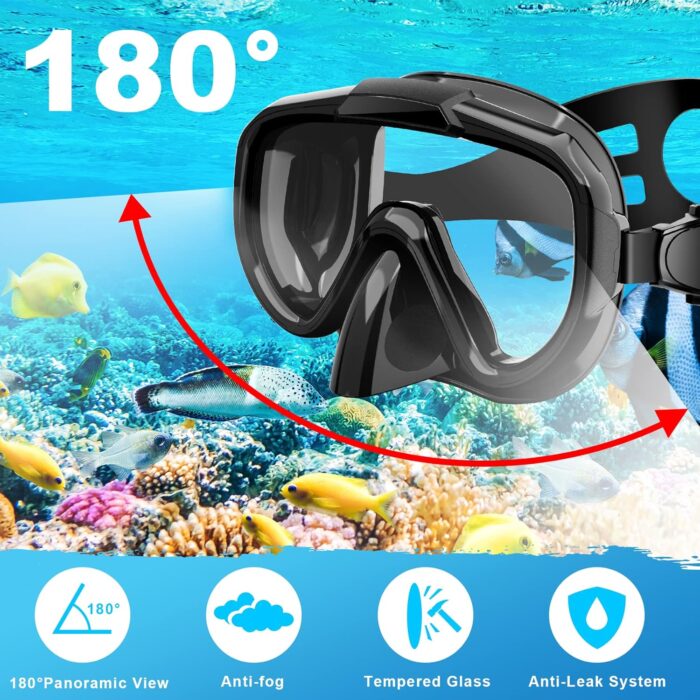 Snorkel Set, Zipoute Snorkel Dry Top Snorkeling Gear for Adults, Panoramic Anti-Leak and Anti-Fog Tempered Glass Lens, Adults Adjustable Snorkeling Set, Scuba Diving Swimming Training Snorkel Kit - Image 2