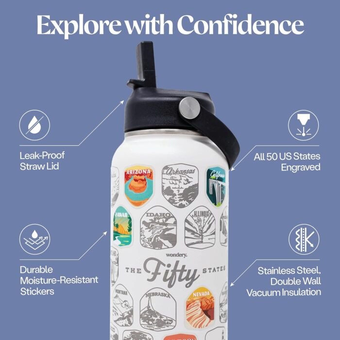 Wondery Official Fifty States Bucket List Travel Water Bottle with Waterproof Stickers and Straw | Cream 32 oz Engraved | Insulated Stainless Steel Vacuum Sealed | Leak Proof - Image 5