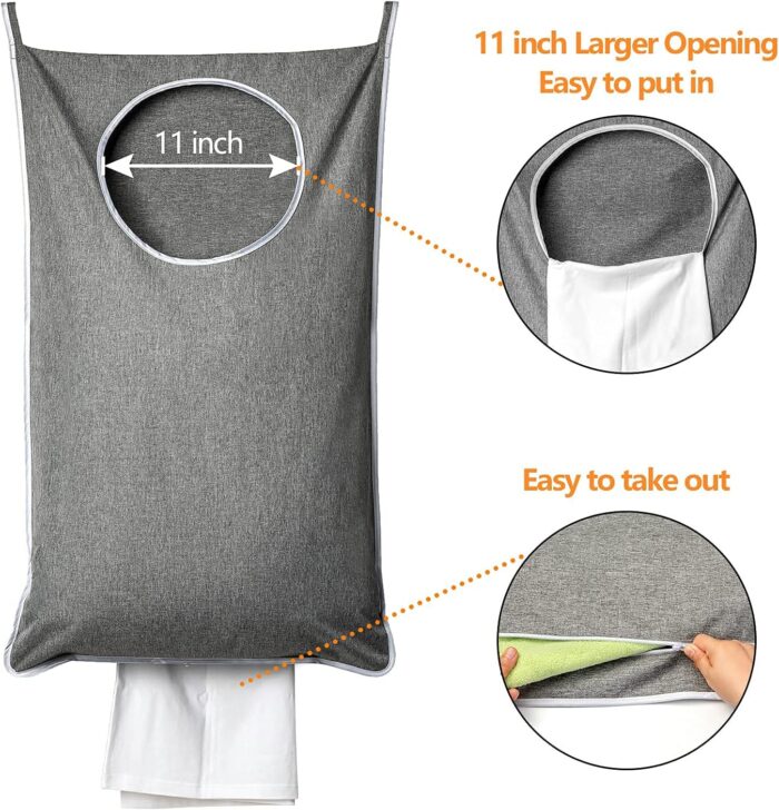 XL Hanging Laundry Hamper, Extra Large Tear-resistance Door Hamper with 2 Types Hooks for Dirty Clothes, Save Bathroom Space Hanging Laundry Bag (36.5x 22 Inch,Grey) - Image 3