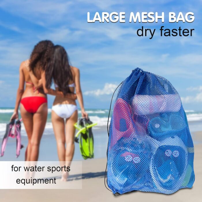 3 Pack Mesh Gear Bag Oversized 19" x 27" For Snorkel Scuba Swim Dive Gear Oversized Drawstring Net Bag for Sports Equipment, Gym, Beach, Pools Toys, Balls, Laundry, Scalloping Collect, Black & Blue - Image 2