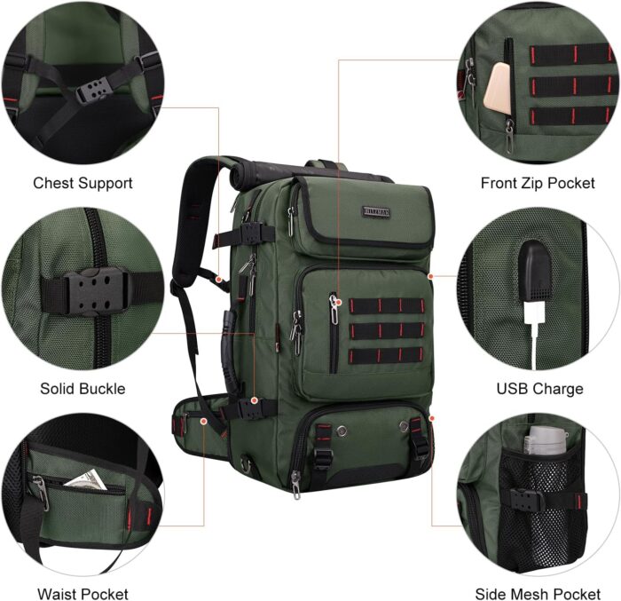 WITZMAN Carry on Travel Backpack for Men Airline Approved Convertible Nylon Duffle Backpack Luggage Bag (B682 Army Green) - Image 6