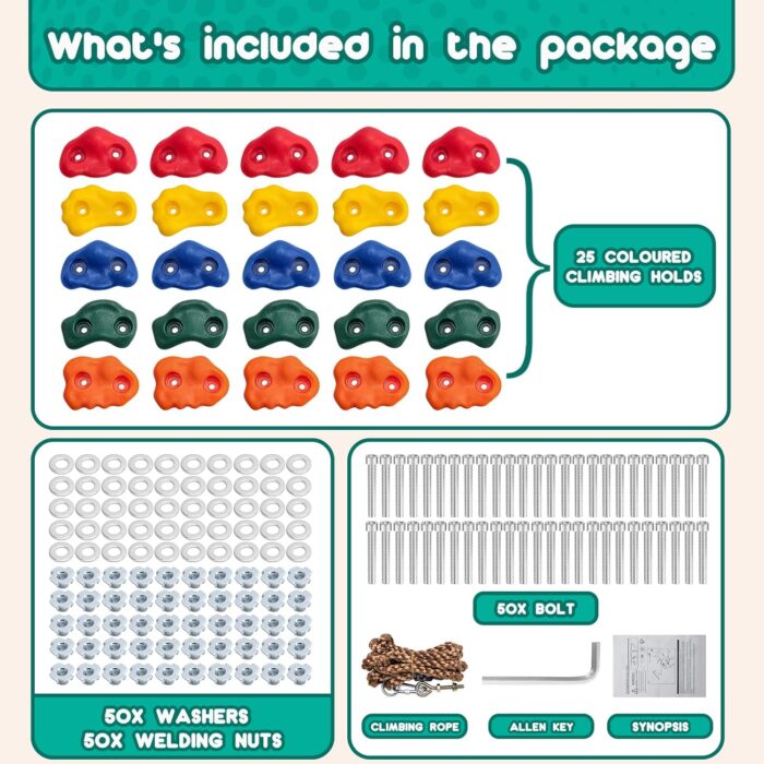 CMOOD Rock Climbing Holds, Rock Climbing Wall for Kids Rock Wall Climbing Kit for Indoor Outdoor Playground Play Set with Mounting Screws, Knotted Rope and 25 Handles - Image 7
