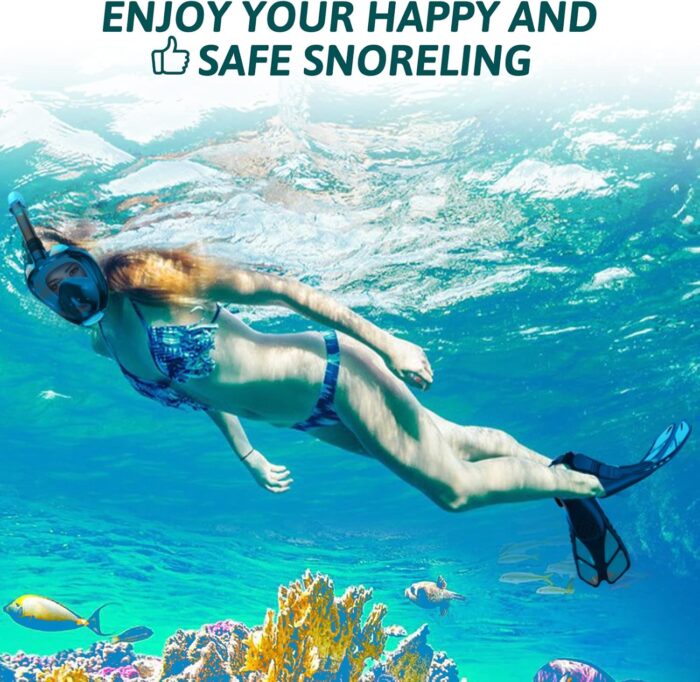 Mask Fins Snorkeling Gear for Adults, Full Face Snorkel Mask & Adjustable Swim Fins Snorkel Set, Panoramic View Snorkel Mask Dry Top Anti-Fog Anti-Leak - Image 7