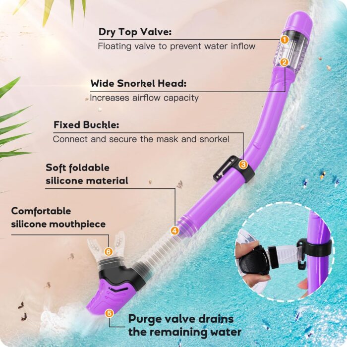 Kids Snorkel Set, Anti-Fog Panoramic Tempered Glass Kids Snorkel mask, Anti-Leak Scuba Diving Mask with Mesh Bag, Dry Top Snorkeling Gear for Kids and Youth Age 4-16 - Image 4