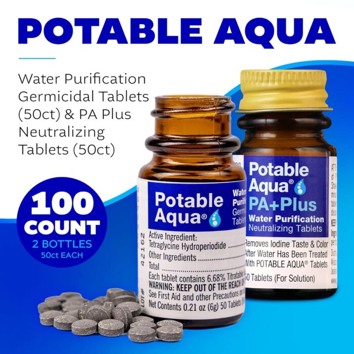 Potable Aqua Water Purification Tablets with PA Plus, Portable and Effective Solution for Camping, Hiking, Emergencies, Natural Disasters and International Travel, Two 50ct Bottles - Image 3