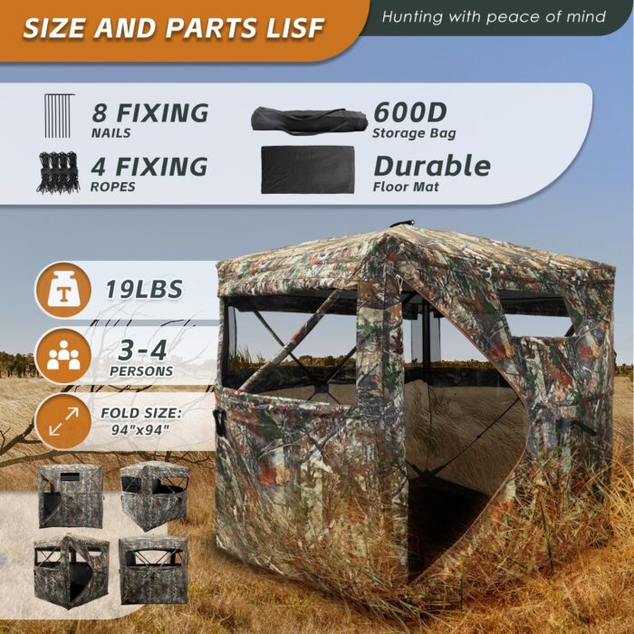 Hunting Blind with Floor Mat, 360 Degree See Through Ground Blind with Carrying Bag, 2/3/4 Person Pop Up Camouflage Tent Portable Concealed Shelter - Image 8
