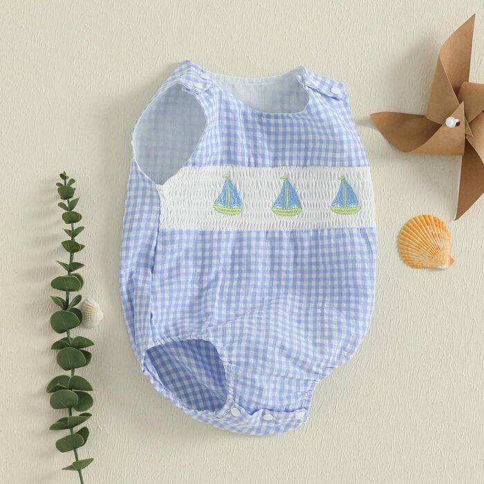 Baby Girl Boy Summer Clothes Sailing Boat Embroidery Gingham Sleeveless Romper Bodysuit Outfit 0 3 6 9 12 18 Months - Image 2