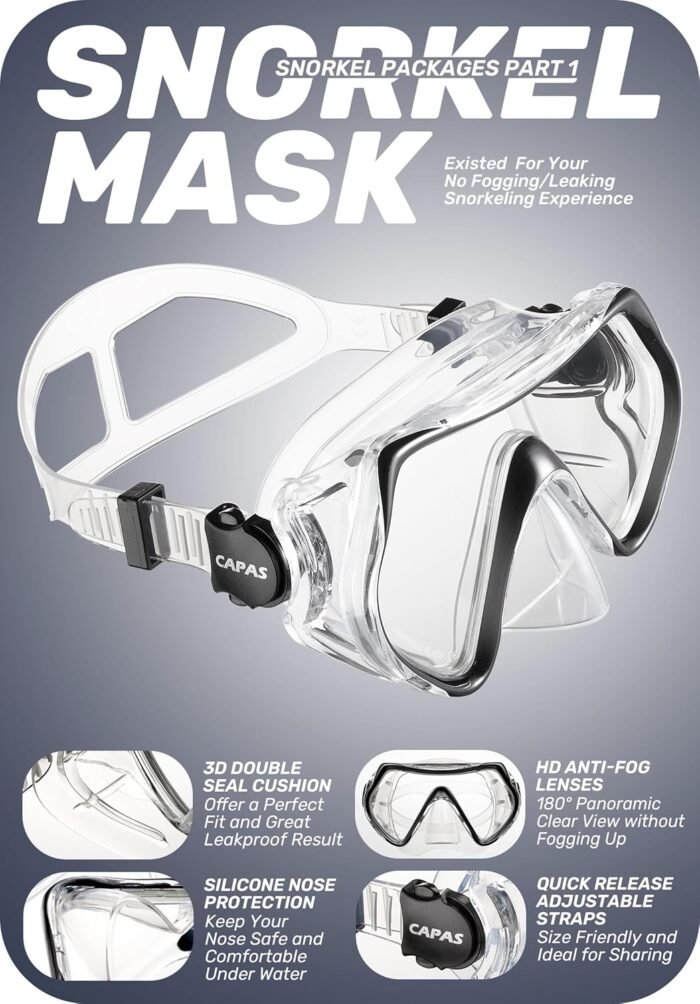CAPAS Snorkel Mask Fins Set, Travel Size Snorkeling Gear for Adults with Adjustable Fins, Diving Mask and Dry Top Snorkel, Come with a Carrying Bag - Image 3