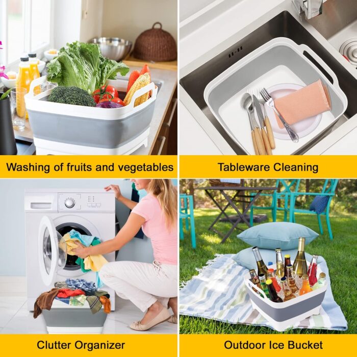 Collapsible Wash Basin with Drain Plug – 2.4 Gallon Portable Sink Tub for Baby Bottles, Dishwashing, RV & Camping | Space Saving Foldable Design | BPA-Free TPR/PP Material (Grey) - Image 7