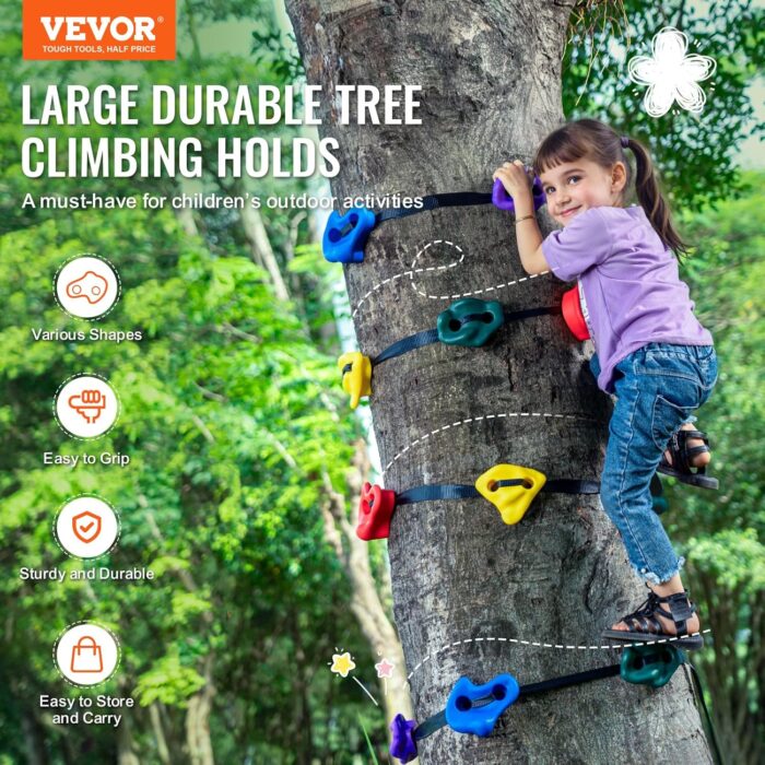 VEVOR Ninja Tree Climbing Kit, 12 Tree Climbing Holds and 6 Ratchet Straps, Large Climbing Rocks for Kids and Adults Climber, and Shapes, for Outdoor Ninja Warrior Obstacle Training - Image 2