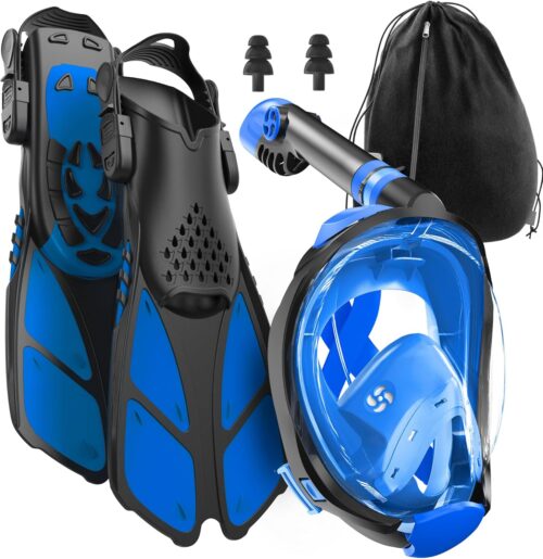 COZIA DESIGN Snorkeling Gear for Adults with Fins - Full Face Snorkel Mask and Swim Fins, 180° Panoramic View Snorkel Mask, Anti Fog and Anti Leak Adult Snorkel Set