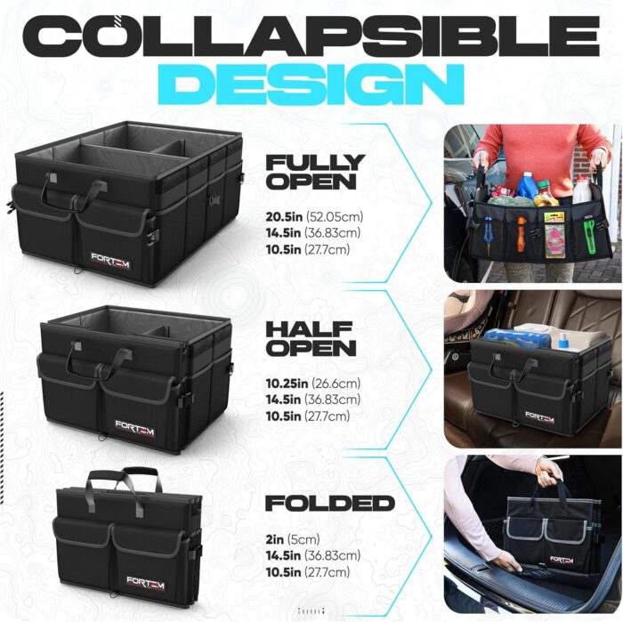 FORTEM Car Trunk Organizer, Collapsible Multi Compartment SUV Organizer, Foldable Storage for Car Accessories for Women Men, 600D Oxford, Non Slip Bottom, Securing Straps, Soft Cover (50L) - Image 6