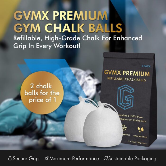 130g (2 x 65g) Premium Chalk Balls. Pro-Grade Gym Chalk in Refillable Sock. Eco Friendly Packaging. Grip Enhancing Gym Accessory for Weightlifting, Rock Climbing, Gymnastics & More. Package May Vary. - Image 2