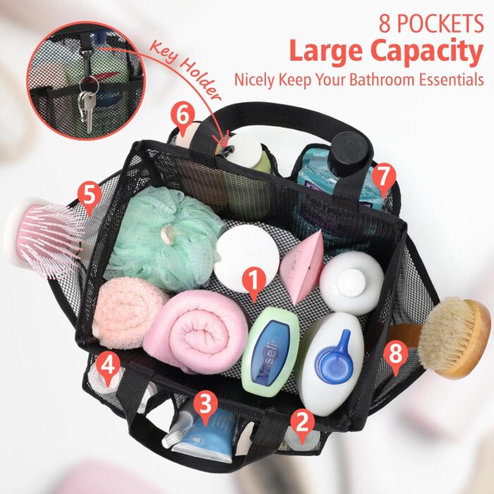 F-color Mesh Shower Caddy Portable, Upgrade Deeper 7 Pockets Shower Bag Basket Tote for College Dorm Room Toiletry Bathroom Essentials Gym Camp Quick Dry 2 handles with S Hook, Black - Image 2
