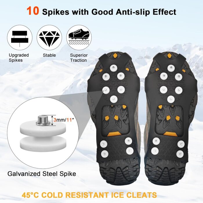 ice Snow Grips: 10 Nail Spikes, Stretchable Snow Grips for Men Women. Ideal for Winter Activities Like Walking, Running, Hiking, Mountaineering, Ice Fishing, or Dog-Walking - Image 2