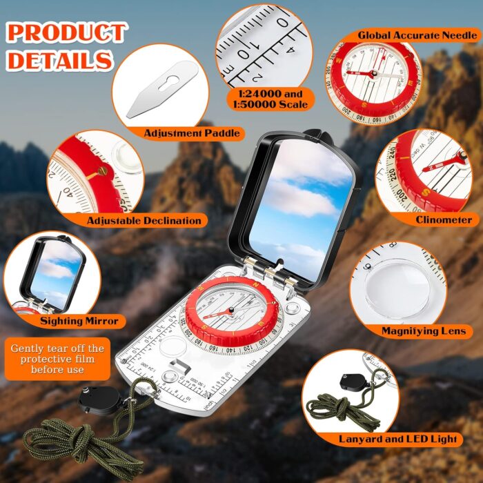 Xuhal 2 Pcs Sighting Compass Mirror Adjustable Declination Compass for Hiking Orienteering Map Reading for Kids Camping Backpacking Survival Navigation Hunting Mountaineering - Image 2