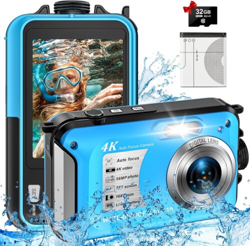4K Waterproof Camera with 32GB Card 11FT Floatable Digital Camera Waterproof Digital Camera 56MP Autofocus 16X Compact Underwater Cameras for Snorkeling with 1250mAh Battery