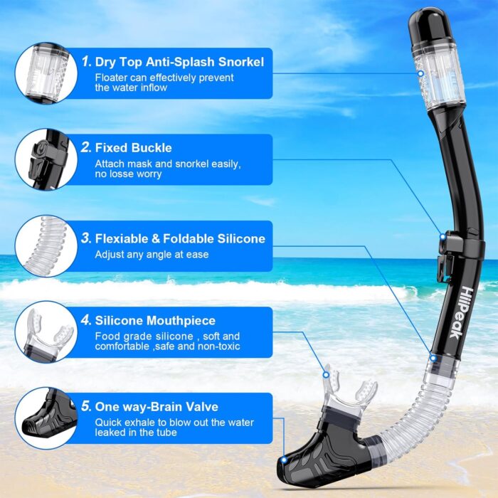 HiiPeak Snorkeling Gear for Adults, Dry Snorkel Set, Panoramic Wide View, Diving Scuba Mask Snorkel Set, Swimming Glasses Nose Cover Youth Diving Goggles - Image 5