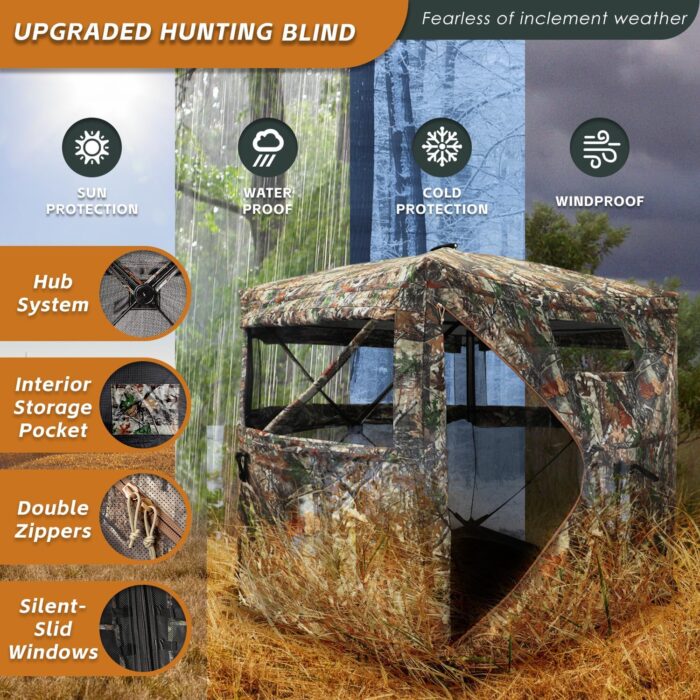 Hunting Blind with Floor Mat, 360 Degree See Through Ground Blind with Carrying Bag, 2/3/4 Person Pop Up Camouflage Tent Portable Concealed Shelter - Image 5
