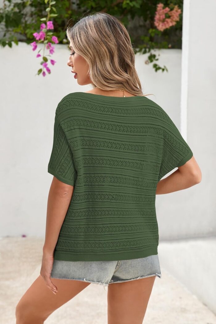 Cakulo Womens Summer Crochet Tops Hollow Out Off The Shoulder Short Sleeve Batwing Knit Spring Sweater Top 2025 - Image 9