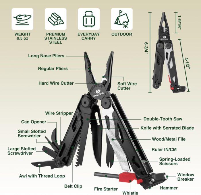 MOSSY OAK Multitool, 19-in-1 Stainless Steel Multi Tool Pliers, Survival Tools with Fire Starter, Window Breaker, Whistler, Self-locking EDC Gear with Sheath for Outdoor, Survival, Camping, Hiking - Image 5