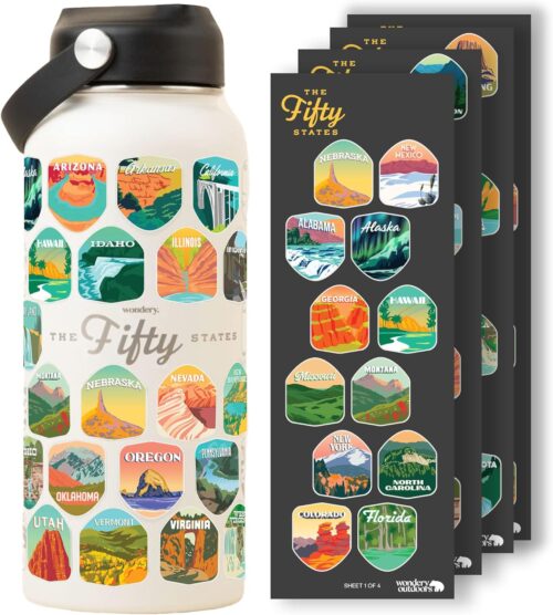 Wondery Official Fifty States Bucket List Travel Water Bottle with Waterproof Stickers and Straw | Cream 32 oz Engraved | Insulated Stainless Steel Vacuum Sealed | Leak Proof