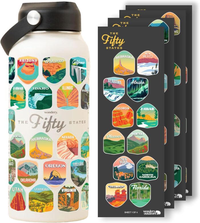Wondery Official Fifty States Bucket List Travel Water Bottle with Waterproof Stickers and Straw | Cream 32 oz Engraved | Insulated Stainless Steel Vacuum Sealed | Leak Proof