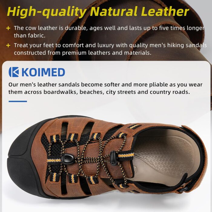 KOIMED Men's Hiking Leather Sandals Closed Toe Water Shoes For Summer Athletic Outdoor Walking Sports Trail River Fishing Wide Adjustable Waterproof Arch Support - Image 3