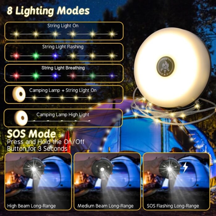 Camping String Lights, Outdoor String Lights with 8 Lighting Modes, Rechargeable String Light Camping 2 in 1, Waterproof Portable Stowable USB Camping Lights for Camping, Yard, Party Decor 32.8 ft - Image 2