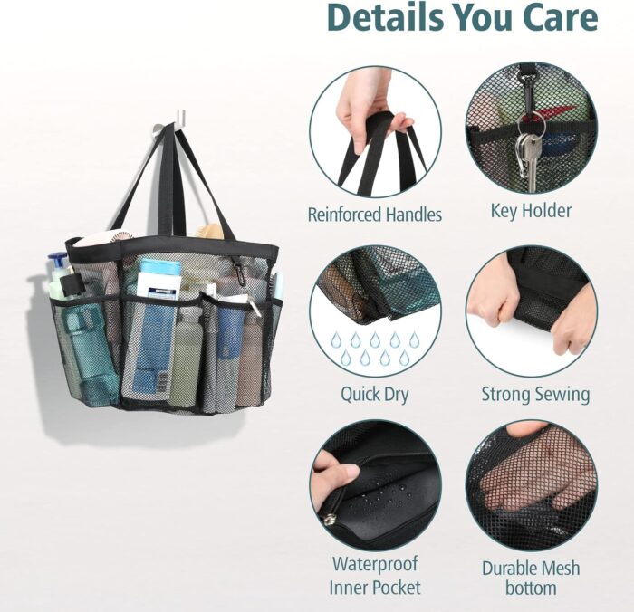 F-color Mesh Shower Caddy Portable, 8.3" Deeper Pockets Large Shower Caddy Bathroom Caddy for College Dorm Room Bathroom Essentials, 2 Handles Shower Bag Tote for Gym Rv, Camp with S Hook, Black - Image 5