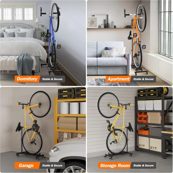 Vertical Bike Stand, Freestanding Indoor Bike Storage Rack Upright Bicycle Floor Stand Indoor Bike Holder with Adjustable Height for Garage & Apartment - for Wheels Sizes up to 29” - Image 8