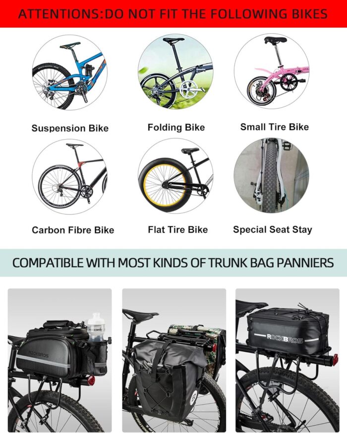 ROCKBROS Rear Bike Rack Bike Cargo Rack Adjustable Bicycle Luggage Carrier Rack Rear Quick Release Mountain Bike Pannier Rack with Elastic Band and Reflector, Most 165 lbs Capacity - Image 5