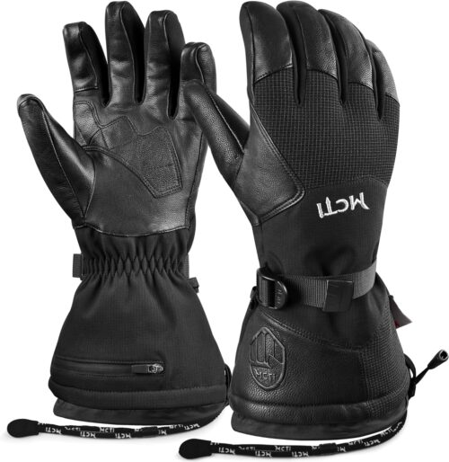 MCTi Leather Ski Gloves Men's Waterproof Touch Screen Long Gauntlet for Snowboarding Mountaineering