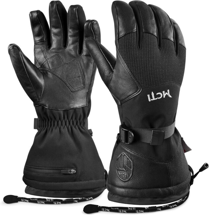 MCTi Leather Ski Gloves Men's Waterproof Touch Screen Long Gauntlet for Snowboarding Mountaineering