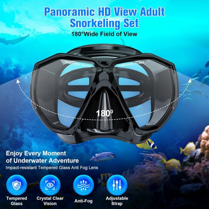 HiiPeak Snorkeling Gear for Adults, Dry Snorkel Set, Panoramic Wide View, Diving Scuba Mask Snorkel Set, Swimming Glasses Nose Cover Youth Diving Goggles - Image 4