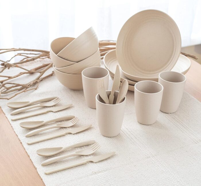 FOODLE Wheat Straw Dinnerware Set - BPA Free & Safety Tested - Unbreakable, Microwave & Dishwasher Safe Dishes - Picnic, RV, Dorm, Camping Plates Cups and Bowls - Great for Kids & Adults - For 4 - Image 7