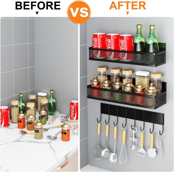 Magnetic Spice Rack for Refrigerator, 3 Pack Magnetic Shelf, Moveable Fridge Organizer with 8-Hook Rack, Seasoning Organizer for Kitchen - Image 4