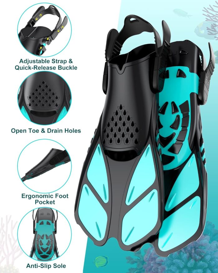 Mask Fins Snorkeling Gear for Adults, Full Face Snorkel Mask & Adjustable Swim Fins Snorkel Set, Panoramic View Snorkel Mask Dry Top Anti-Fog Anti-Leak - Image 4