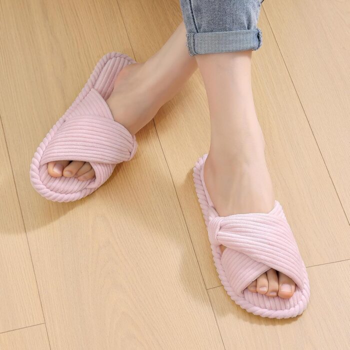 Evshine Summer House Slippers for Women Corduroy Cross Bow Indoor Slippers Open Toe Slip On Bedroom Shoes with Memory Foam - Image 6
