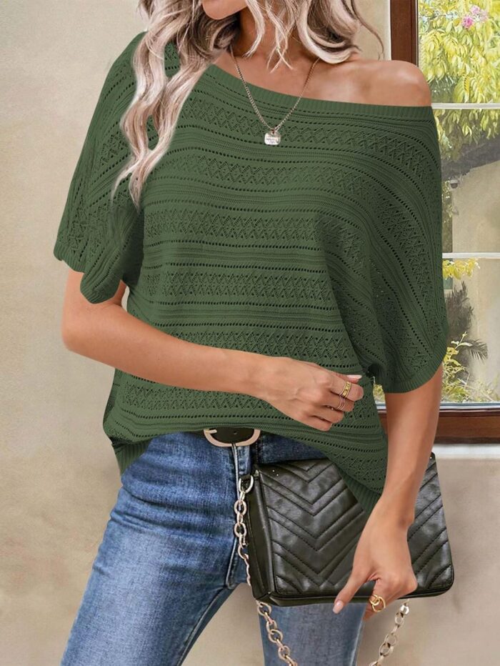 Cakulo Womens Summer Crochet Tops Hollow Out Off The Shoulder Short Sleeve Batwing Knit Spring Sweater Top 2025 - Image 5