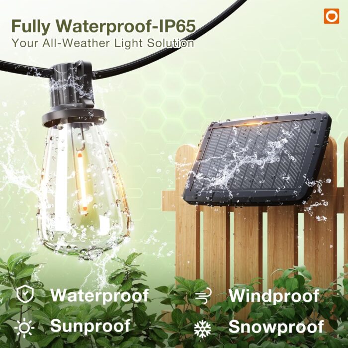 addlon 54(48+6) FT Solar String Lights Waterproof,Patio Lights Solar Powered with Remote & USB Port 15+1 LED Shatterproof Bulbs 3 Light Modes, Dimmable Solar Light for Camping Backyard Garden - Image 2