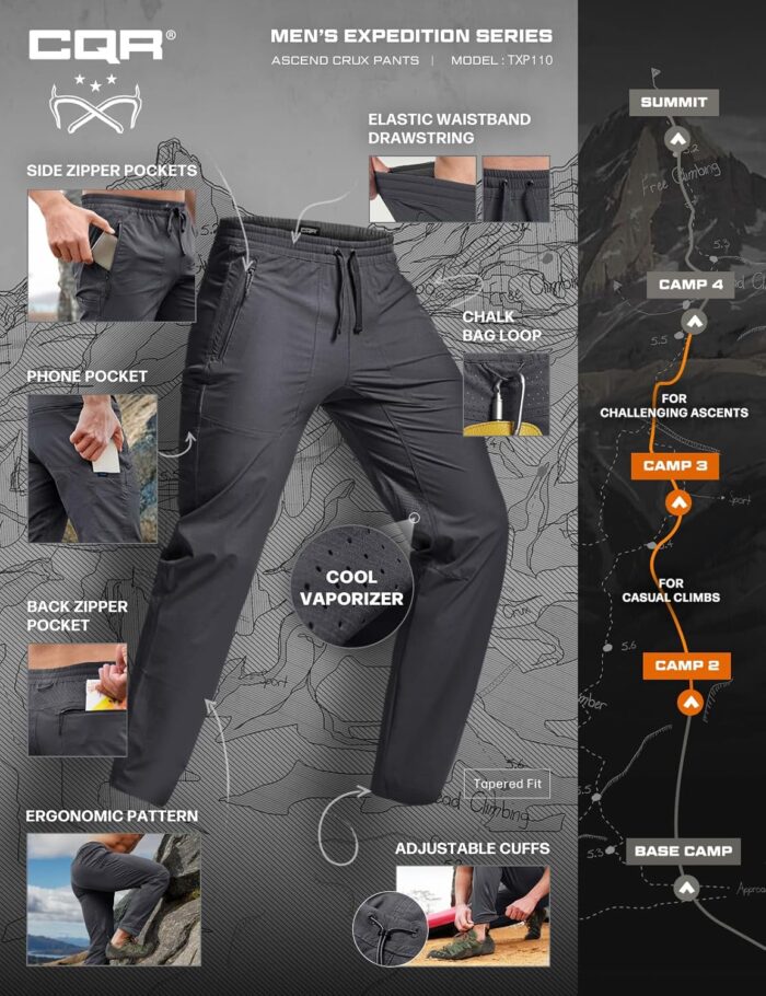 CQR Men's Lightweight Vent Hiking Pants, Water-Resistant & Breathable Sports Outdoor Athletic Pants with Elastic Waist - Image 6